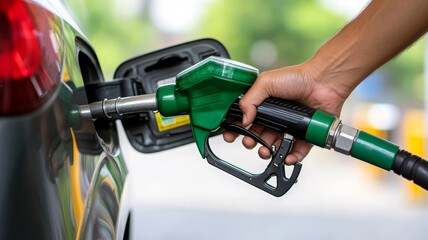 Close up view of hand gripping a green fuel nozzle while refueling a vehicle at a gas station, emphasizing the process of filling up