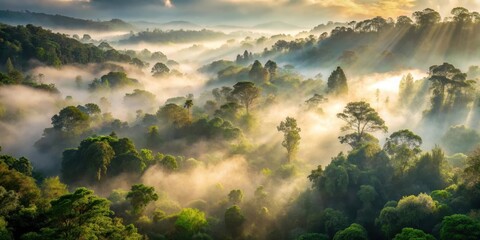 Fototapeta premium Foggy atmosphere with light filtering through dense forest canopy