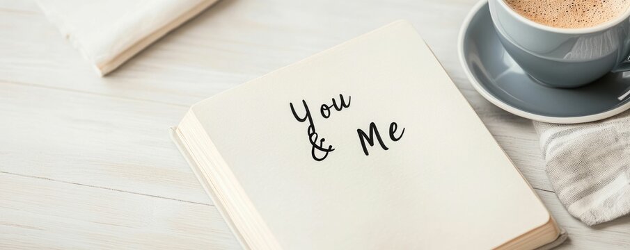 Intimate moment captured with an open book displaying the words  You Me  beside a cozy coffee cup conveying a sense of thoughtful connection and gentle romance on a tranquil wooden table