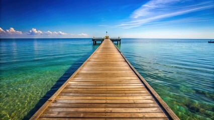 Fototapeta premium Wooden pontile stretching out into the ocean with a clear blue sky above, calm sea