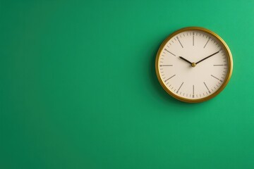Minimalist clock design against vibrant green wall creates strik