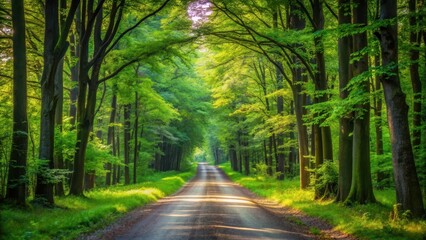 Naklejka premium Forest road through dense green trees, outdoor scene