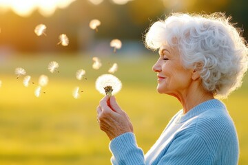 Fototapeta premium Elderly Woman Enjoys Dandelion Seeds In Sunshine