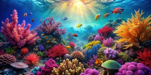 Obraz premium Vibrant coral reef ecosystem with diverse marine life and colorful seaweed, underwater scene