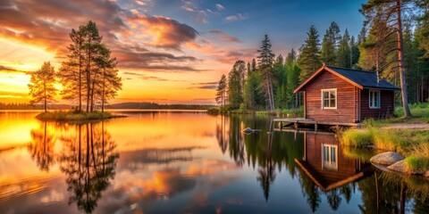 Fototapeta premium Cozy cabin by lake in rural Finland at sunset, serene, rural, serene, rural, sunset