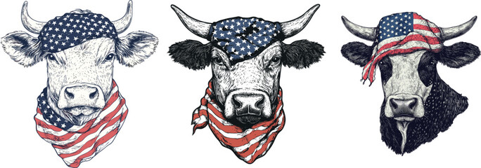 Retro Bull with American Flag Bandana – Wild West Farm Animal Illustration. Perfect for T-shirt prints, brewery branding, and Western-themed events.