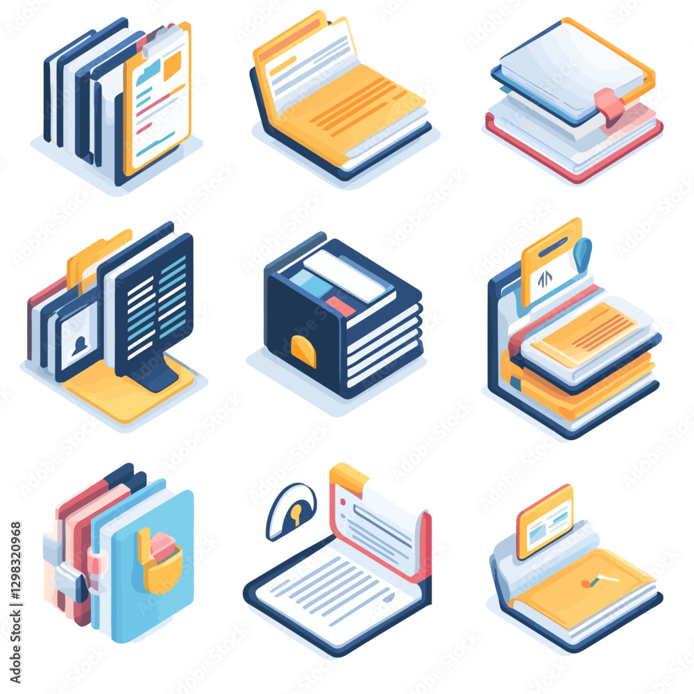 Poster isometric vector icons representing data analytics and document management