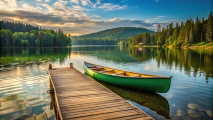 Obraz premium Canoe on dock, green canoe tied to wooden dock post, lake scenery, nature scenes