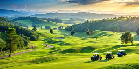 Fototapeta premium Panoramic view of rolling hills and green fairways with golf carts moving in the distance, natural scenery, rolling hills golf