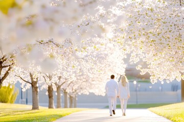 Obraz premium Elegant Couple Walking Through A Floral Pathway