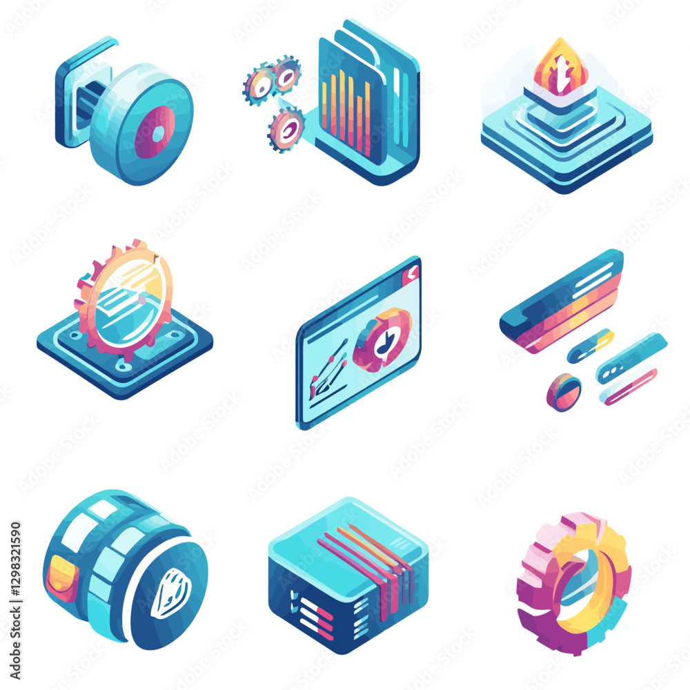 Poster abstract isometric tech icons representing data analytics and processing