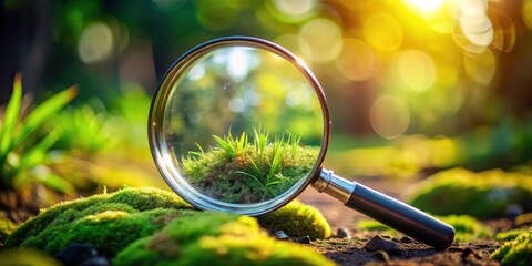 A realistic magnifying glass lens with a soft focus effect, revealing microscopic details in a natural environment , exploration, realistic