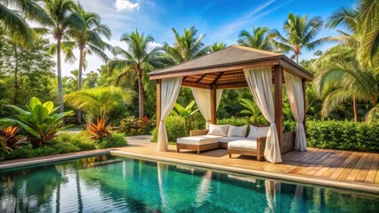 Fototapeta premium Poolside Cabana with Lush Landscaping at Tropical Resort, relaxation