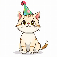 Obraz premium cartoon cat wearing a green party hat on a white background