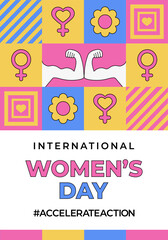 International Women's Day 2025 campaign #AccelerateAction. Geometric abstract vertical banner, poster in the Neo brutalism style.IWD 8 March Women's History Month. Accelerate Action feminism holiday.
