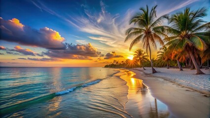 Fototapeta premium Sunset at Varadero Beach with Palm Trees and Crystal Clear Water, seaside, Cuba, seaside, Cuba, tropical scenery