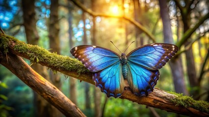 Naklejka premium Serene Blue Morpho Butterfly Resting on Mossy Branch in Sunlit Forest