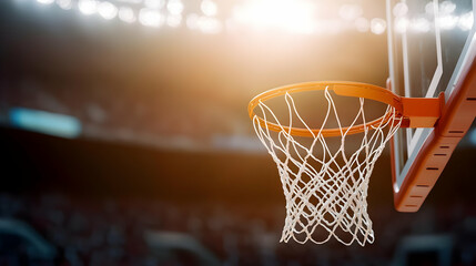 Close Up Of Basketball Hoop And Net Against Blurred Stadium Background With Warm Lighting