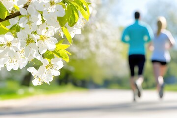 Obraz premium Spring Blossoms Framing Active Jogging Couple