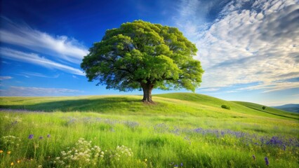 Fototapeta premium Majestic tree stands alone in a rolling green hillside surrounded by wildflowers and tall grasses, with a soft blue sky above, solitude, landscape