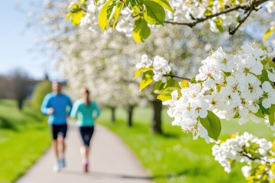 Jogging Couple Surrounded By Blossom Trees