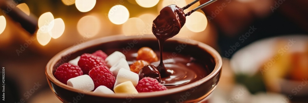 Poster indulging in a chocolate fondue with fresh fruits and marshmallows during a cozy gathering in the ev