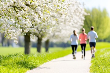 Obraz premium People Jogging Under Blooming Cherry Blossom Trees