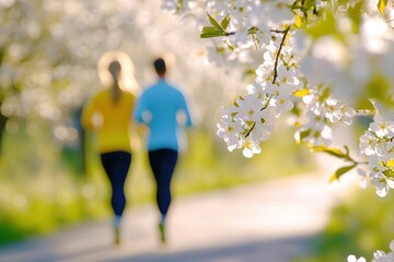 Obraz premium Couple Jogging Along A Path With Flower Trees