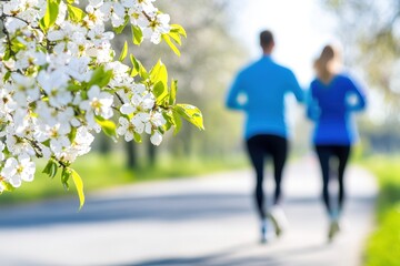 Obraz premium Jogging Duo In A Vibrant Floral Environment