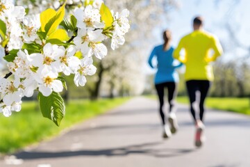 Obraz premium Couple Jogging Through Blooming Cherry Blossoms