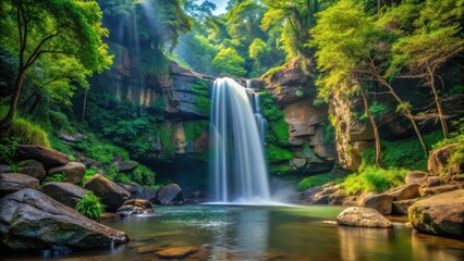 Fototapeta premium Waterfall in forest, dense greenery surrounding