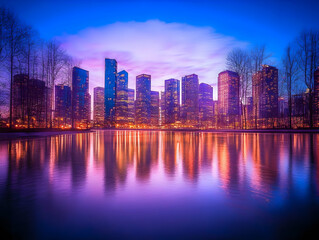 Fototapeta premium Cityscape at Dusk, Urban Reflection Illustration