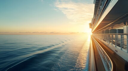Obraz premium Cruise Ship Horizon: A cruise ship glides gracefully across the vast ocean, its sleek form mirrored by the tranquil sea as the sun sets on the horizon.