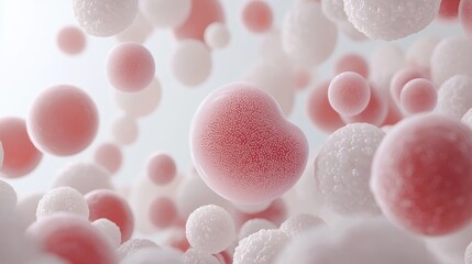 A cluster of pink spheres with white centers, floating in a light blue space.
