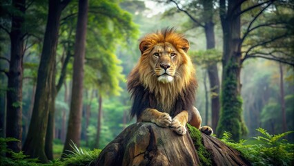 Fototapeta premium A large male lion sitting on a tree stump surrounded by tall trees and a clearing in the jungle , wildlife, zoo, wildlife, zoo