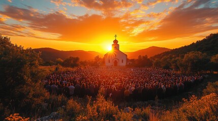 Obraz premium Panoramic View of a Sunrise Easter Service Outside a Rural Orthodox Church at Dawn