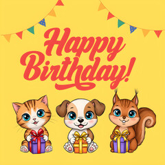 Fototapeta premium Cute animals holding gifts celebrating happy birthday