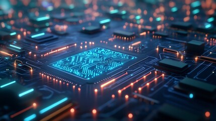 Obraz premium dark mode circuit board with blue and green glow