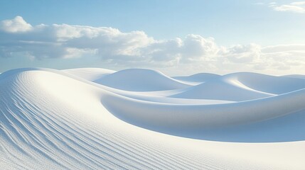 Snow-covered dunes, sunny sky, serene landscape