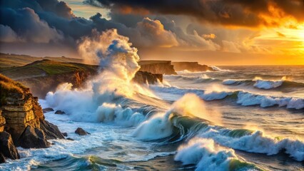 Obraz premium Powerful Atlantic Ocean storm waves crashing against rugged coastline at sunset, coastal erosion