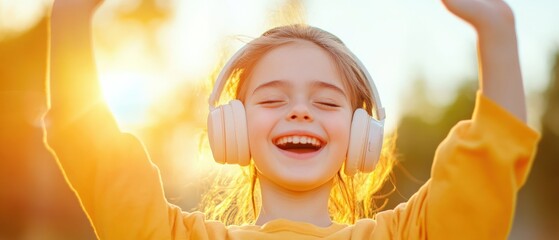 Happy Girl with Headphones Enjoying Music in Sunlight