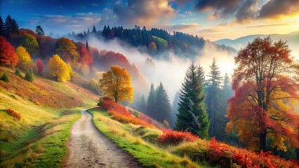 misty autumn morning on a hillside with vibrant foliage and a winding path, nature scenery