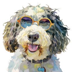 Happy Portuguese Water Dog Wearing Stylish Sunglasses Smiling Brightly in the Sun Enjoying a Fun Day Outdoors Perfect for Summer Vibes and Pet Lovers' Joyful Moments