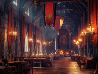 Majestic medieval banquet hall with velvet curtains, copper goblets, and glowing chandeliers