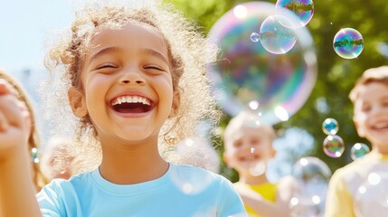 Cheerful Child In Playful Bubble Environment