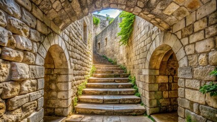 Obraz premium A winding passage leads down a series of stone steps within the old fortified wall at Bonifacio, Philippines , travel destination, ancient architecture