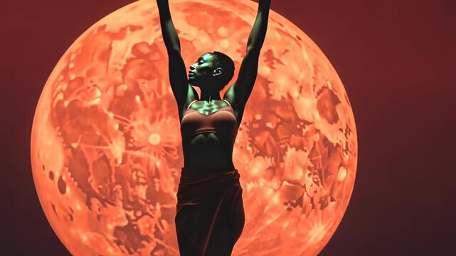Silhouette of a person with raised arms against a large moon backdrop. Low-angle shot, creating a dramatic and mystical video scene.