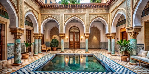 Obraz premium A tranquil Arabic courtyard with a stunning decorative pool surrounded by intricately designed arches and ornate tiles , outdoor oasis, arabic courtyard