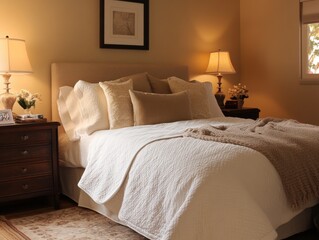 Stylish bedroom with chenille bedspread, accent pillows, and warm, soft lighting creating a cozy ambiance
