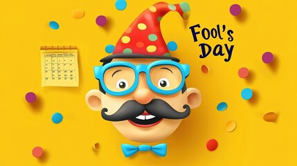 Fototapeta premium A cartoon character's face with a red polka - dotted hat, blue glasses, black mustache and a blue bow tie, beside a calendar, surrounded by colorful confetti for Fool's Day.
